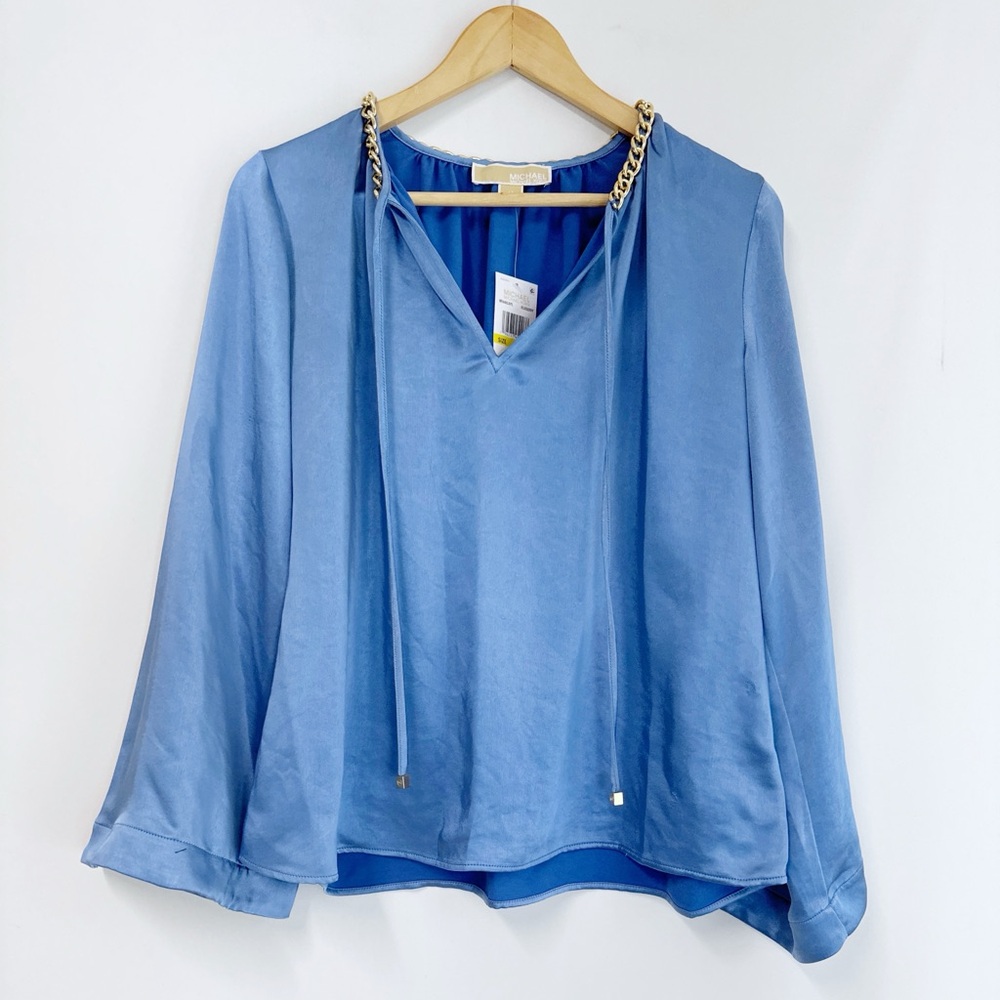 MICHAEL MICHAEL KORS Women's Satin Bell-Sleeve Chain-Neck Top Blue M